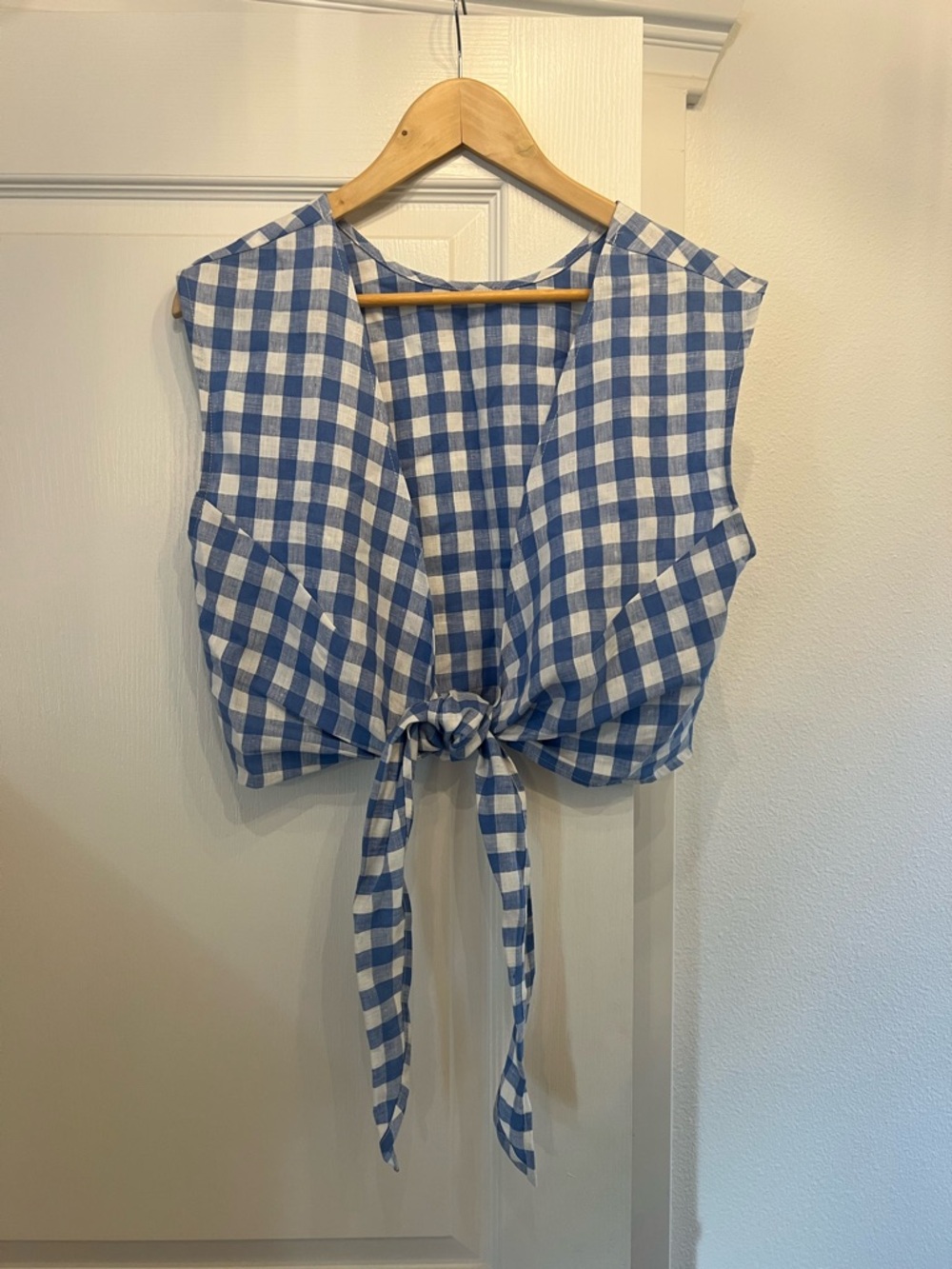 Whimsy + Row Blue and White Gingham Tie-Front Crop Top